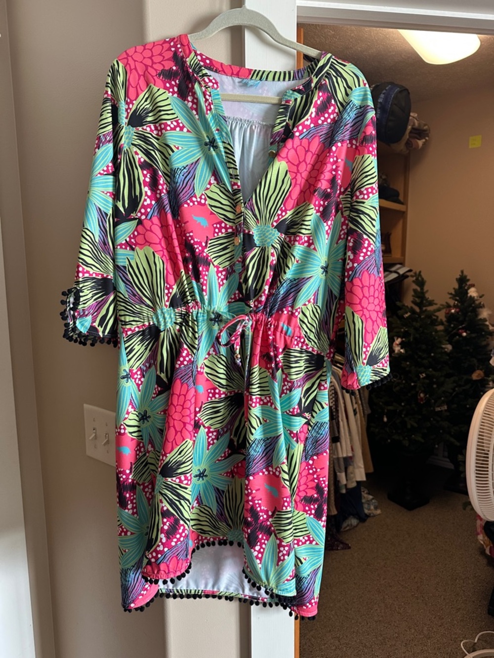 Bright Floral dress with Pom Trim